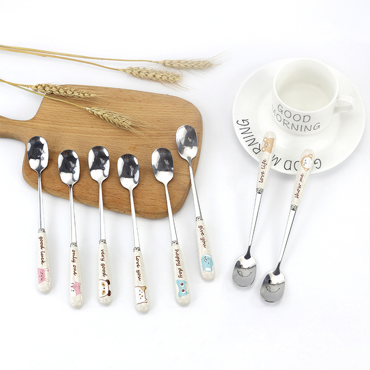 Customized LOGO Design Cartoon Ceramic Handle Coffee Stainless Steel Spoon