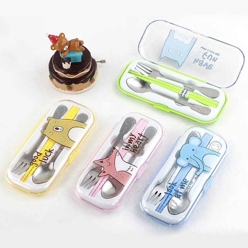 Portable Cute Stainless Steel Spoon Fork Case Plastic Chopsticks Picnic Kids Cutlery Set Flatware Sets Stainless Steel+plastic