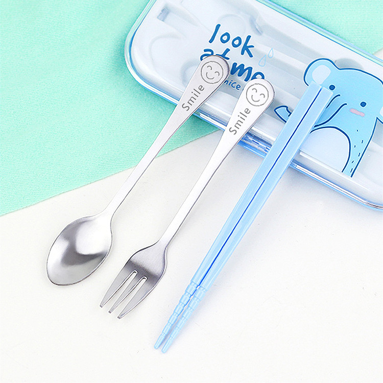 Portable Cute Stainless Steel Spoon Fork Case Plastic Chopsticks Picnic Kids Cutlery Set Flatware Sets Stainless Steel+plastic