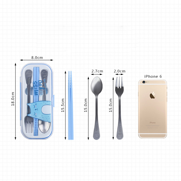 Portable Cute Stainless Steel Spoon Fork Case Plastic Chopsticks Picnic Kids Cutlery Set Flatware Sets Stainless Steel+plastic