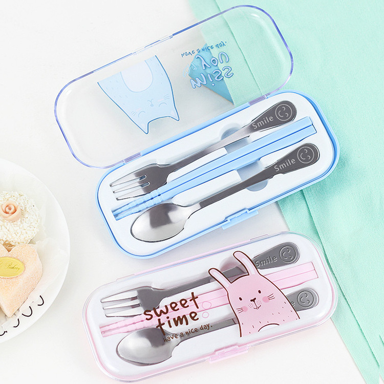 Portable Cute Stainless Steel Spoon Fork Case Plastic Chopsticks Picnic Kids Cutlery Set Flatware Sets Stainless Steel+plastic