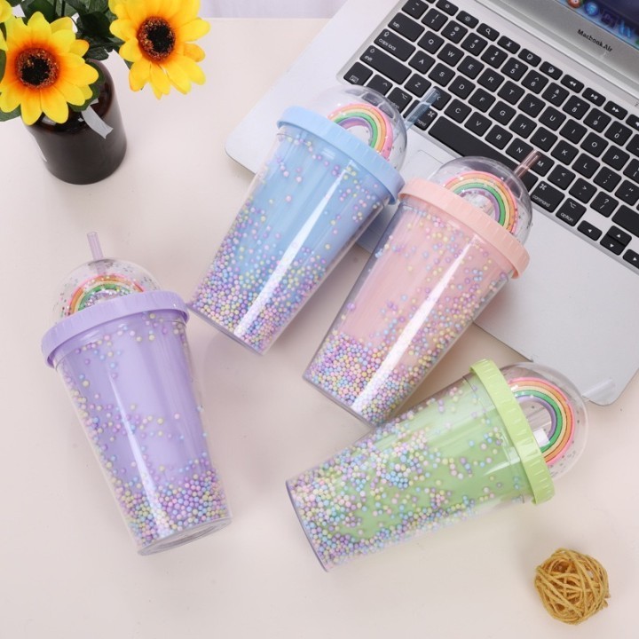 Rainbow Glitter Tumbler Colorful Double Layer Cold Drink Creative Plastic Water Cup With Straw