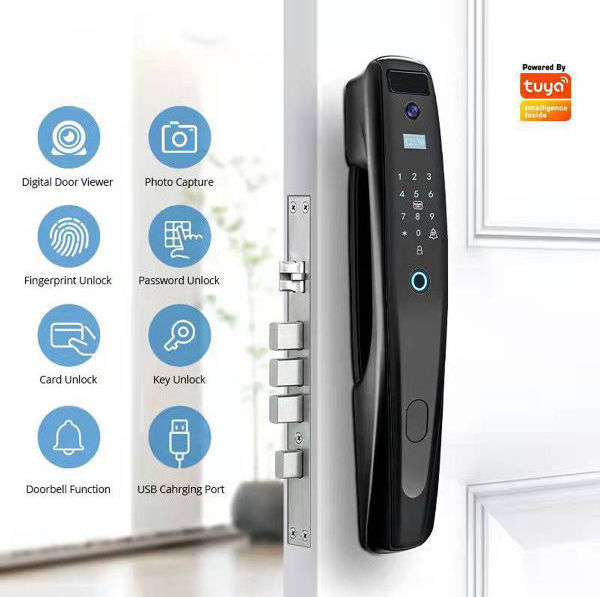 New Design Wholesale Price High Security Fingerprint Digital Wifi Smart Door Lock Connected Camera Monitor Send Photo To Mobile