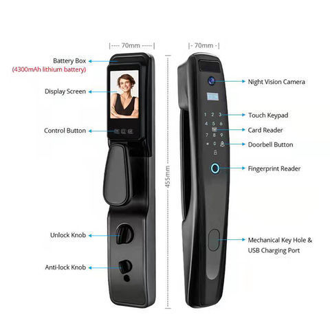 New Design Wholesale Price High Security Fingerprint Digital Wifi Smart Door Lock Connected Camera Monitor Send Photo To Mobile