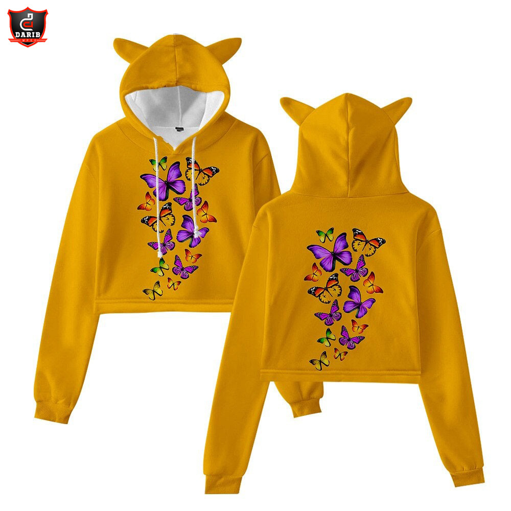 Women's Clothing Hoodies Sweatshirts New Butterfly Series 3D Digital Printing Girls Spring Autumn Trend Cropped Cat Hoodie