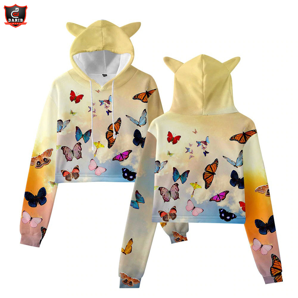 Women's Clothing Hoodies Sweatshirts New Butterfly Series 3D Digital Printing Girls Spring Autumn Trend Cropped Cat Hoodie