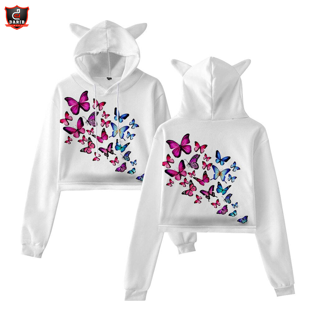 Women's Clothing Hoodies Sweatshirts New Butterfly Series 3D Digital Printing Girls Spring Autumn Trend Cropped Cat Hoodie