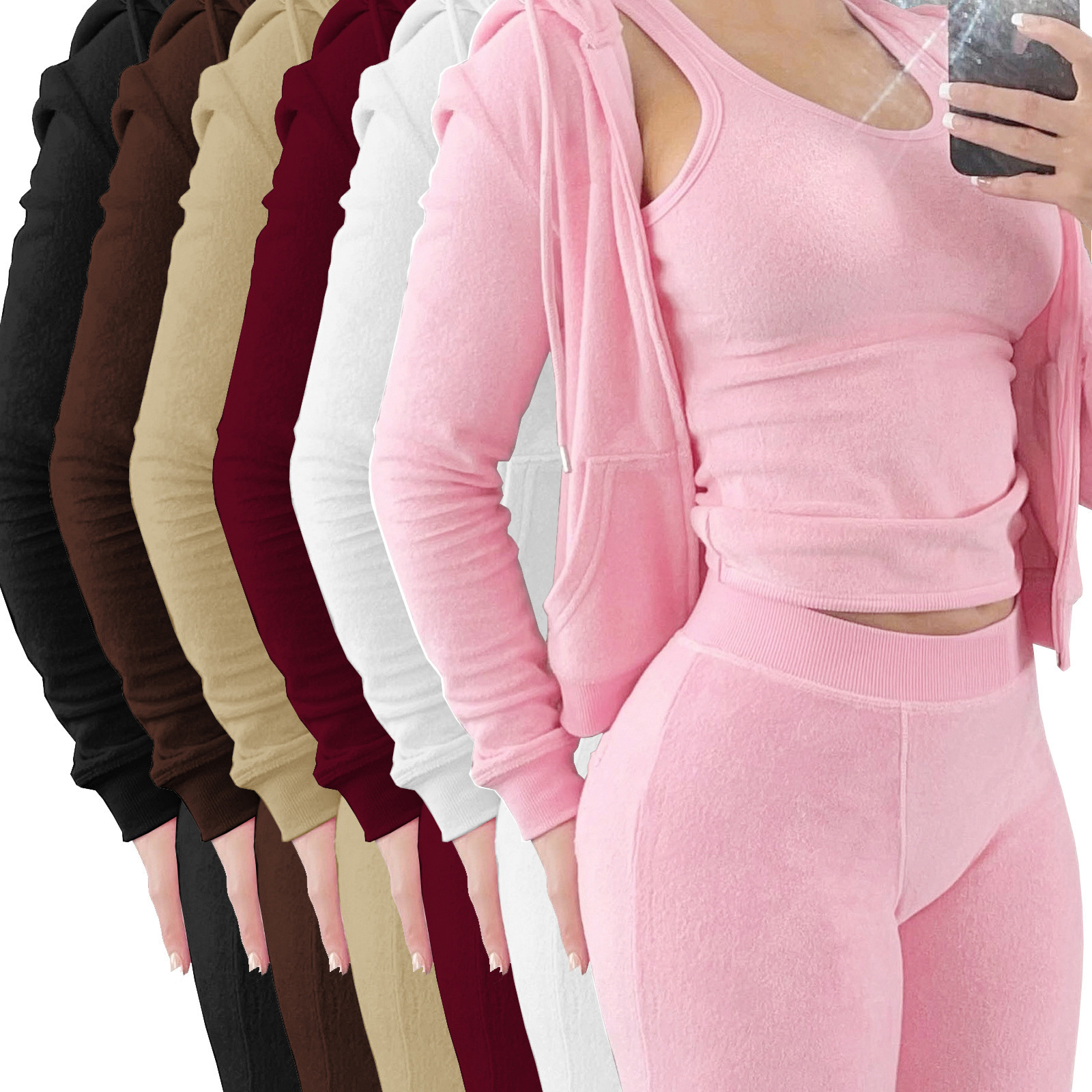 Fall terry toweling zip up 3 pieces women sweat suit velour Running loungewear Training Hoodies custom tracksuit high quality