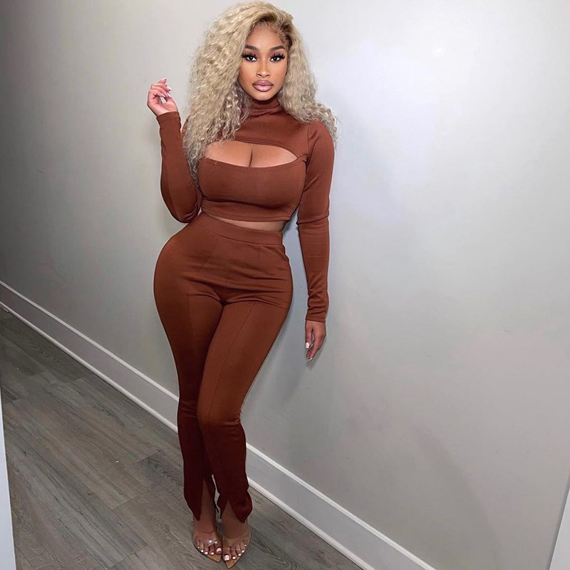 spring women two piece set sexy hollow out blue bodysuit crop top turtleneck set slit pants long sleeve solid color sweat suit