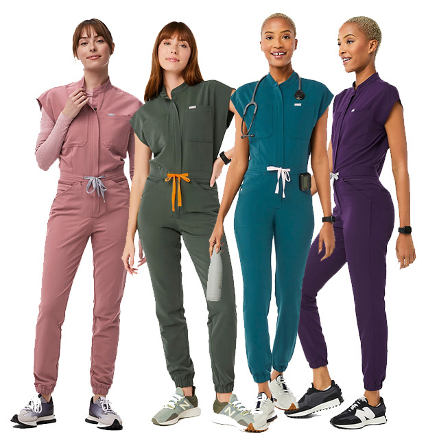 Custom logo nursing stretch polyester athletic scrub sets uniform stylish medical plus size  jumpsuit one piece women scrubs