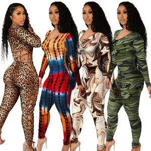 Women boutique 2022 Bandage Bodycon Playsuit Bodysuit One Piece camouflage sexy long sleeve hollow out tights jumpsuit