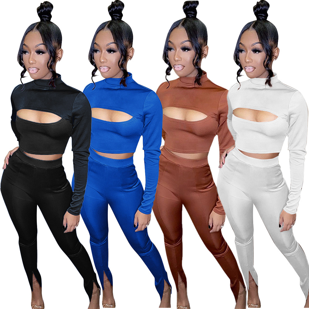 spring women two piece set sexy hollow out blue bodysuit crop top turtleneck set slit pants long sleeve solid color sweat suit