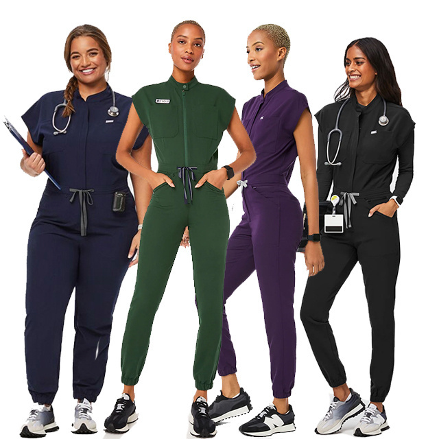 Custom logo nursing stretch polyester athletic scrub sets uniform stylish medical plus size  jumpsuit one piece women scrubs