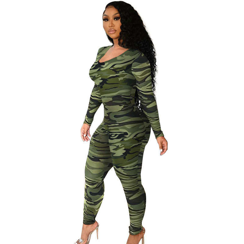 Women boutique 2022 Bandage Bodycon Playsuit Bodysuit One Piece camouflage sexy long sleeve hollow out tights jumpsuit