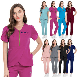 OEM Short Sleeve Zipper scrubs uniforms sets Medical Nursing tracksuit Nurse Woman Scrubs Polyester Hospital Nursing Uniform