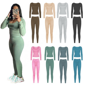 women workout 3d logo loungewear women sets brand long sleeve sample jogger wear dupe wholesale knit ribbed two piece set