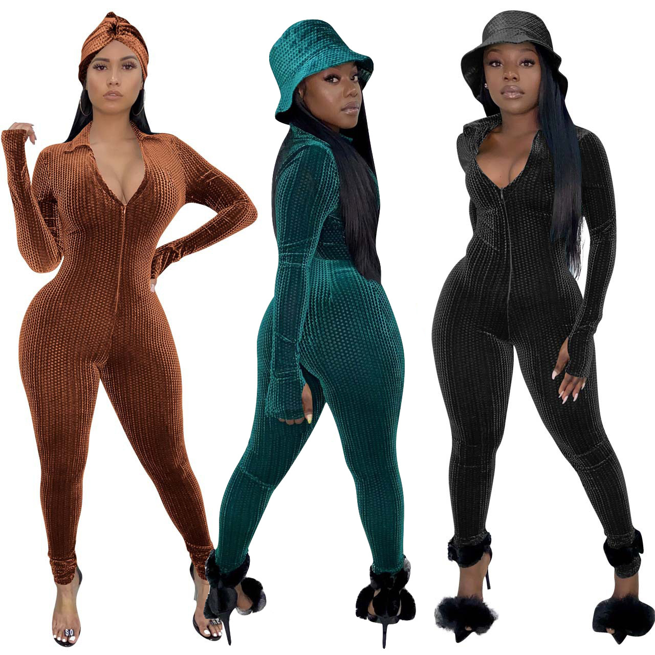 Winter Pure Suede unisex bodysuit velour zip up black long sleeves Romper Skinny ski harem women jumpsuits