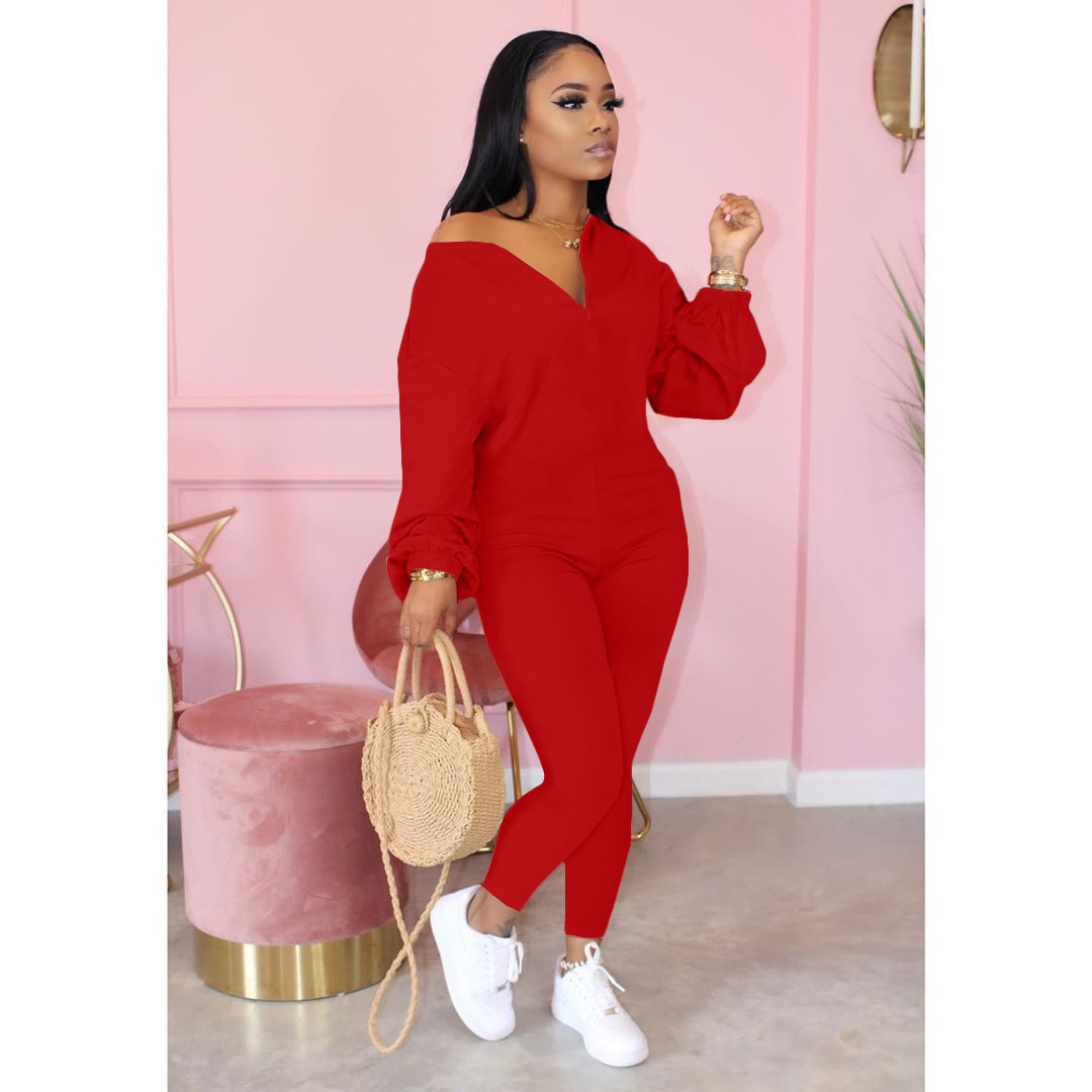 Fall 2022 women clothes plus size new design zipper long sleeve 2022 overalls red women modest ladies jumpsuit playsuit bodysuit