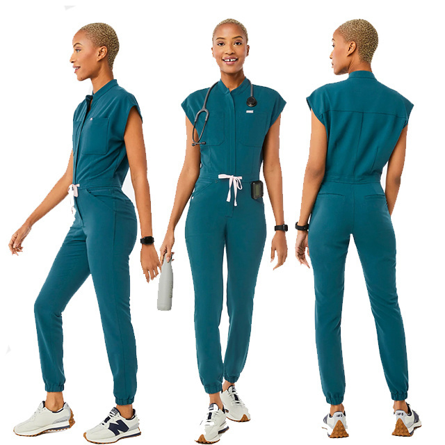 Custom logo nursing stretch polyester athletic scrub sets uniform stylish medical plus size  jumpsuit one piece women scrubs