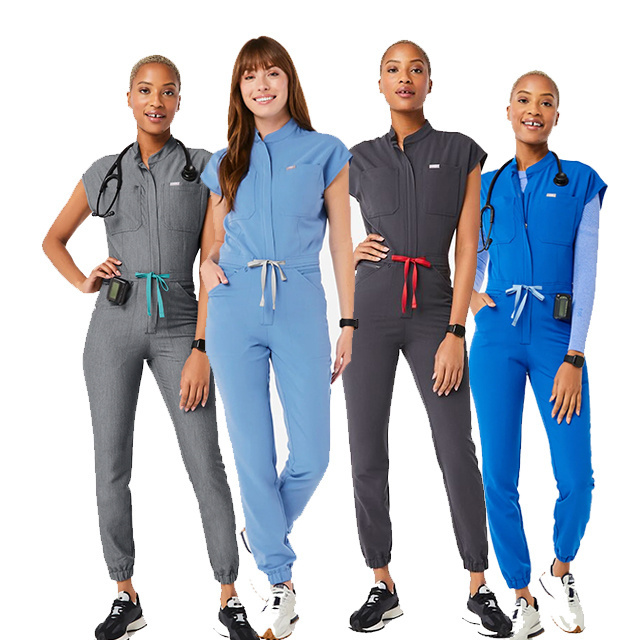 Custom logo nursing stretch polyester athletic scrub sets uniform stylish medical plus size  jumpsuit one piece women scrubs