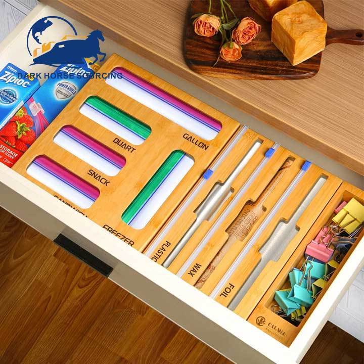 Best sell Wall Mount 9 in 1 Bamboo Foil and Plastic Wrap Organizer bamboo ziplock bag storage organizer for kitchen