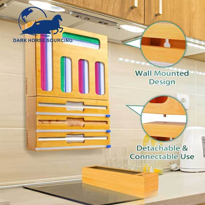 Best sell Wall Mount 9 in 1 Bamboo Foil and Plastic Wrap Organizer bamboo ziplock bag storage organizer for kitchen