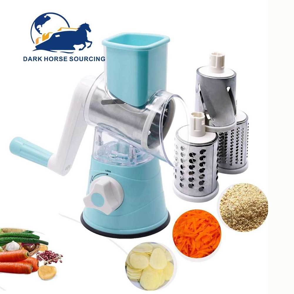 Factory Price Kitchen 3 in 1 spiral shredder rotary cheese grater vegetable slicer stainless steel blades Cheese Grater