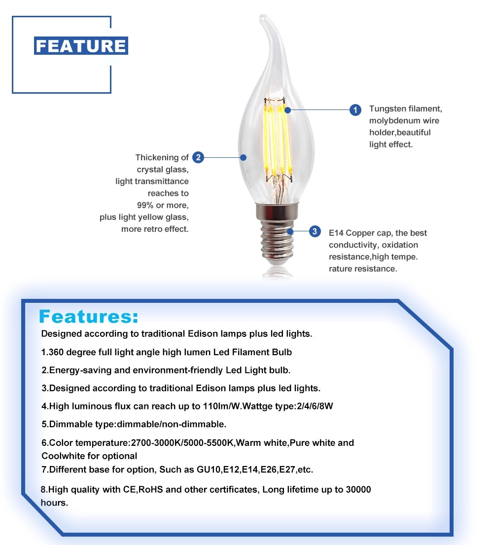 C35  LED Candle Bulbs  6w 360 degree led filament candle bulb led lighting E27