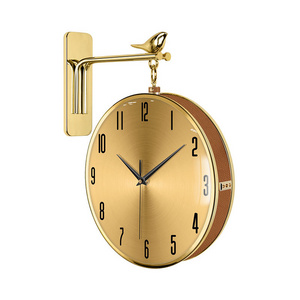 Metal plating bird three-dimensional wall clock leather stitching creative flower wall decorations mute clock