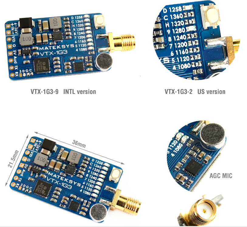 Matek System Mateksys VRX-1G3-V2 VTX-1G3 1.3GHz FPV Video 2CH 9CH Transmitter 9CH Wid Band Receiver RC Drone Long Range G0ggles