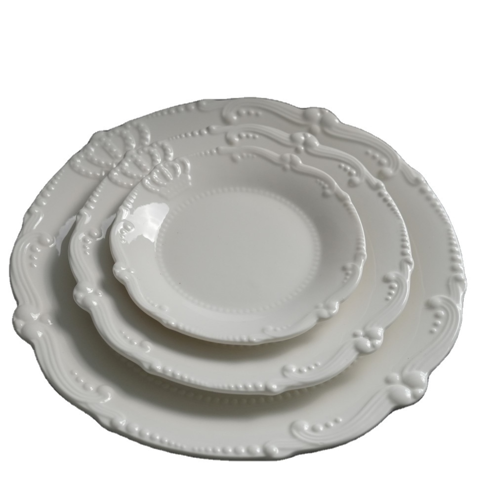 Crown Embossed Ceramic Dinner Dish European Retro Western Tableware Steak Plate Custom Logo