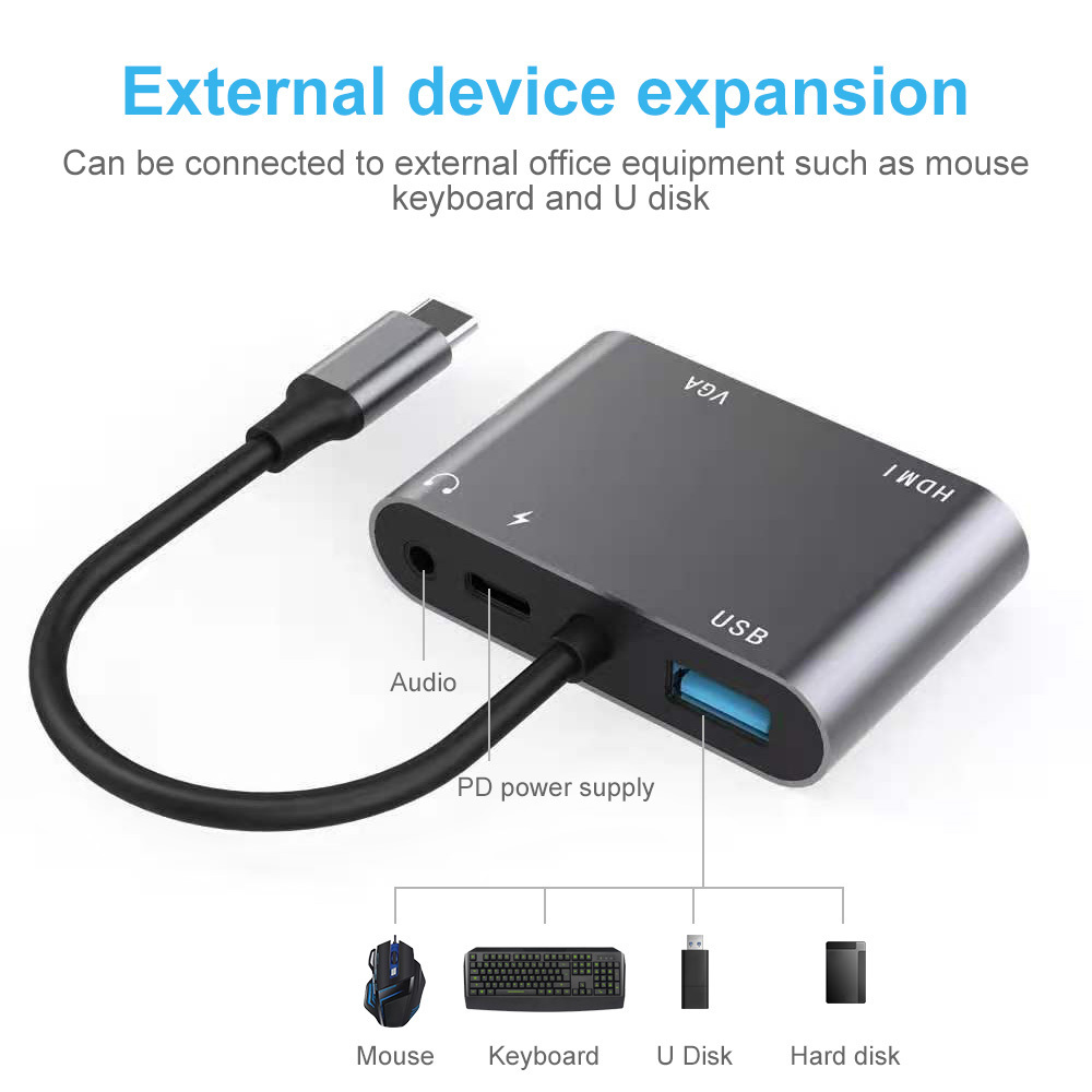 5 in 1 USB Type C To VGA USB 3.0 PD Audio Hub Adapter 4K 30HZ Hub Multifunction Adapter USB-C Hub