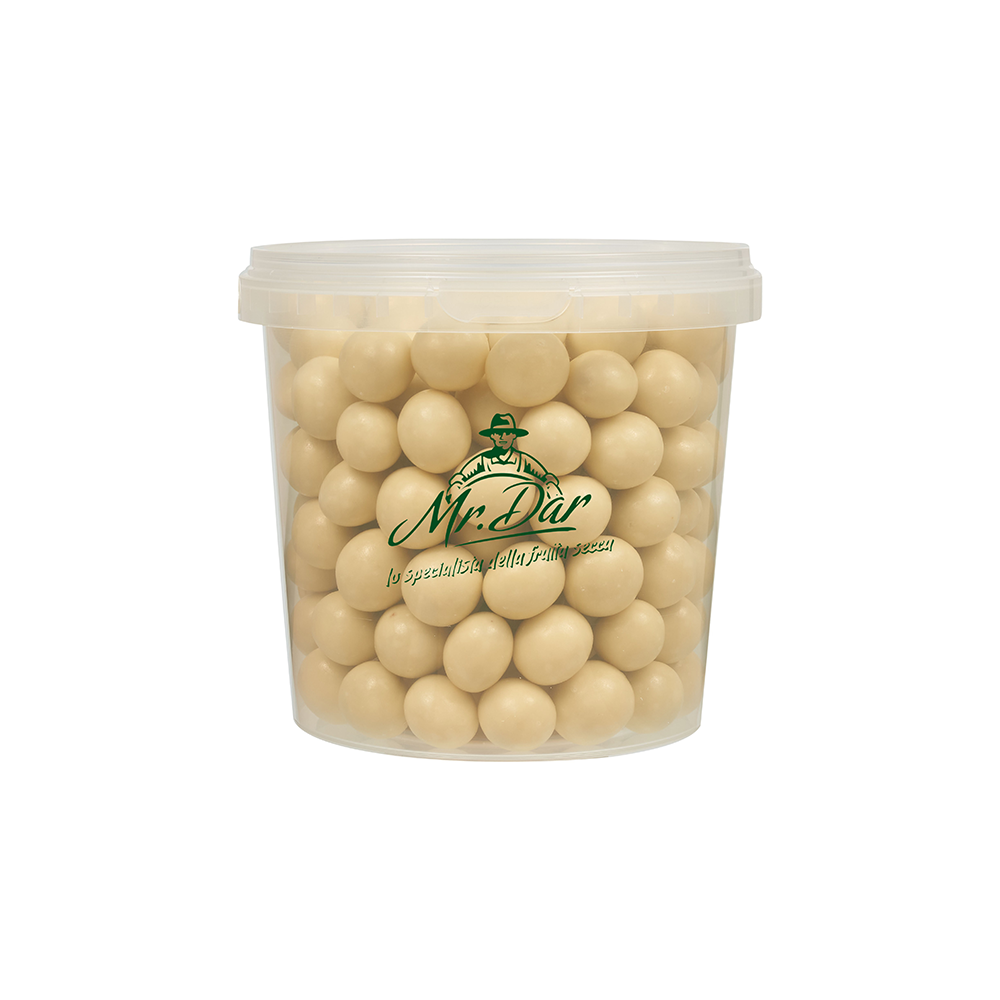 Superior quality roasted hazelnuts covered with white  chocolate in 1 kg ten-pieces box for b2b sales