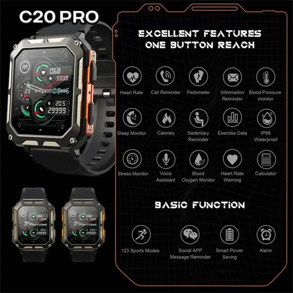 Factory C20pro Smartwatch 1.83 Inch Sport 5atm IP68 Inteligentny Zegarek Mejor Men Militarying Level C 20 C20 Pro Smart Watch