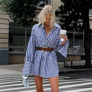 Spring Autumn American-Style Blue And White Striped Shirt Dresses Women Casual Dress