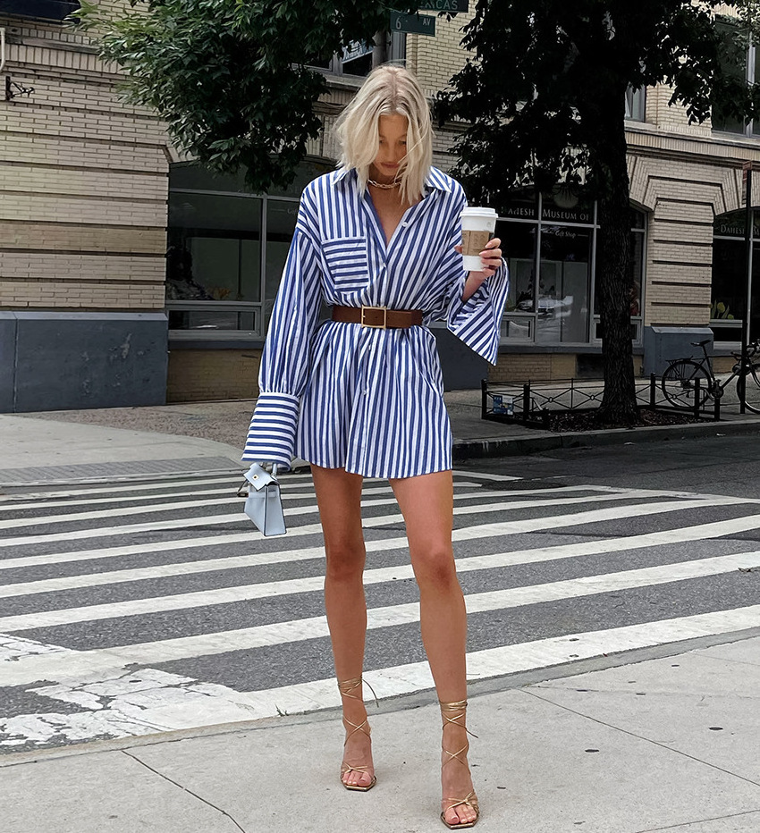 Spring Autumn American-Style Blue And White Striped Shirt Dresses Women Casual Dress