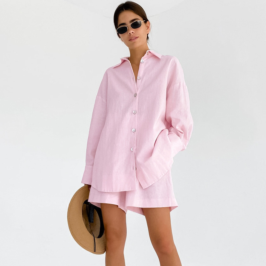 Summer Wholesale Pink Pyjama 100% Cotton Loose Short Pajama Set Casual Loungewear Women Sets 2023