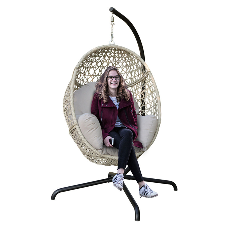 Patio Cane Circle Grey Egg Swinging Rattan Hanging Chair with Sofa Cushion