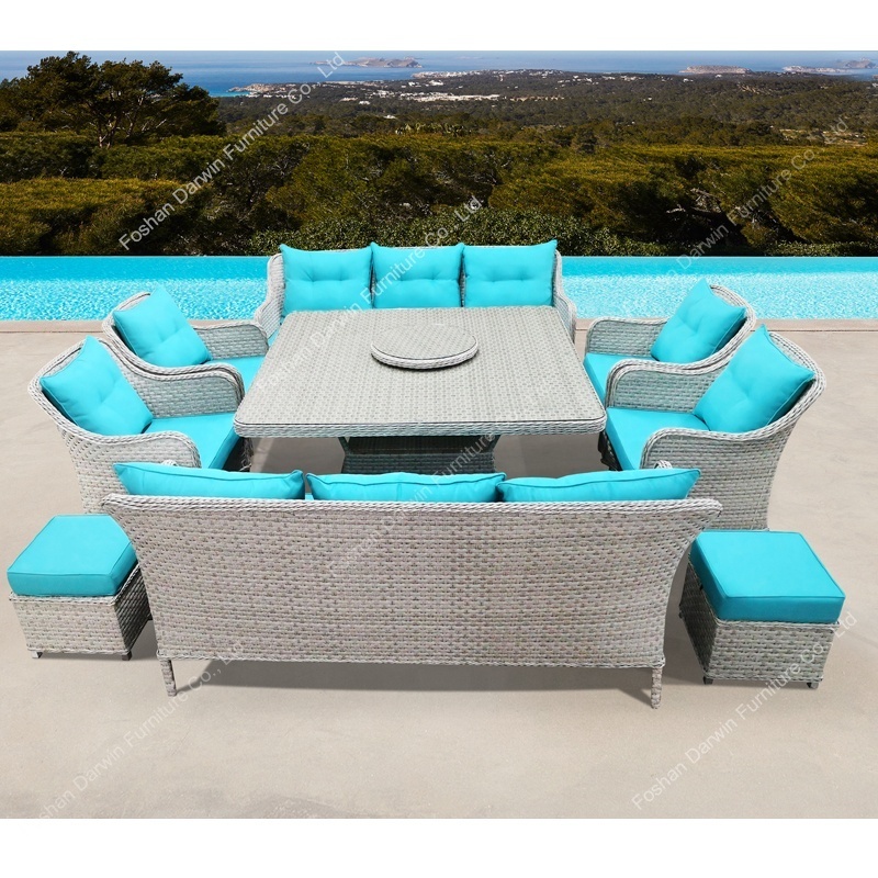 Hotsale modern outdoor garden rattan sofa set with dining table and chairs for patio use