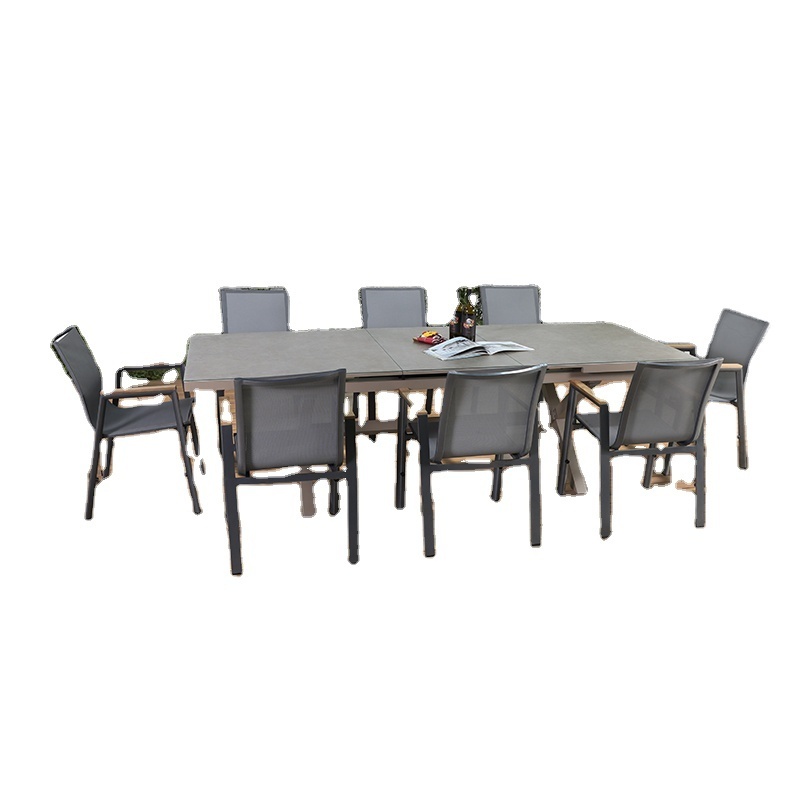 Extension ceramic glass top aluminum frame 8 seater  outdoor extensible dining table chairs sets