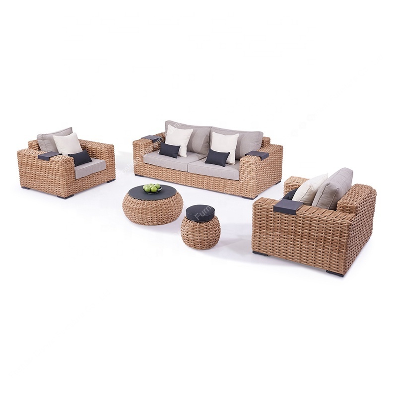 Luxury outdoor furniture wide arm garden sofa set half round rattan wicker sofa lounge