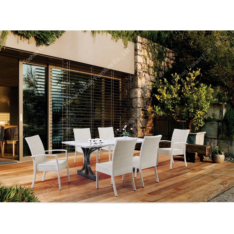 Luxury Foshan manufacture outdoor furniture marble garden aluminum dining table set with  rattan chairs for restaurant