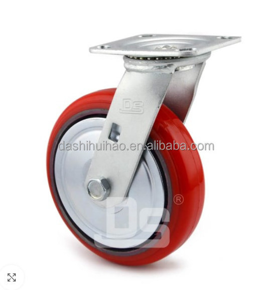 Medium duty 125mm industrial polyurethane wheel  red cast iron core PU swivel with brake Caster wheels