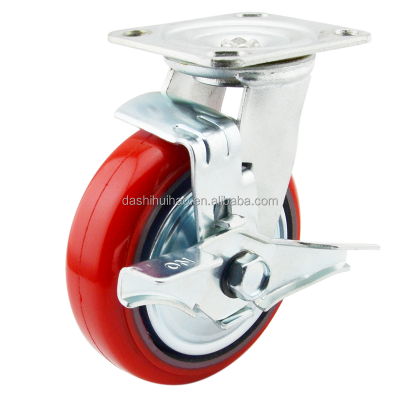 Medium duty 125mm industrial polyurethane wheel  red cast iron core PU swivel with brake Caster wheels