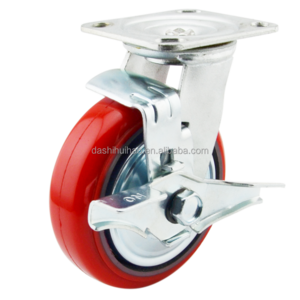 Medium duty 125mm industrial polyurethane wheel  red cast iron core PU swivel with brake Caster wheels