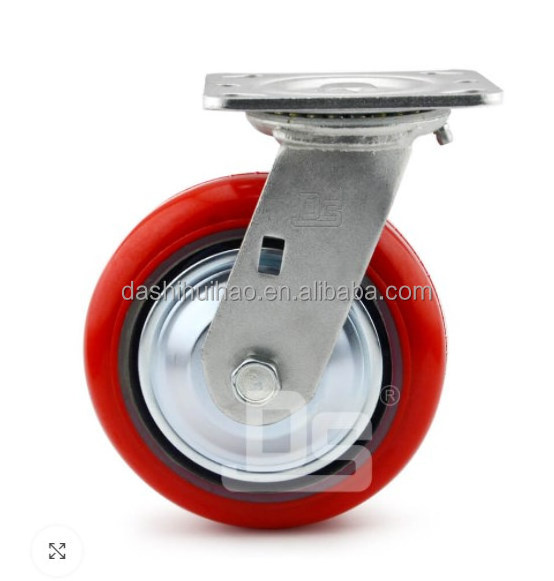 Red Polyurethane  Caster Wheel 4 Inch 5 Inch 6 Inch 8 Inch Plate Cast Iron Industrial Ball Swivel Rigid Brake