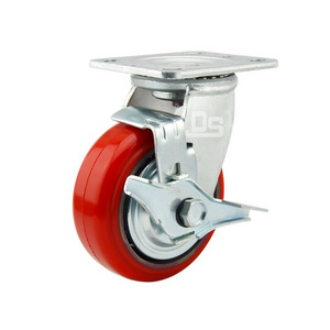 Red Polyurethane  Caster Wheel 4 Inch 5 Inch 6 Inch 8 Inch Plate Cast Iron Industrial Ball Swivel Rigid Brake