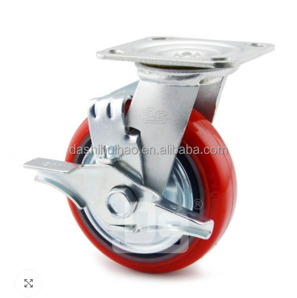 Medium duty 125mm industrial polyurethane wheel  red cast iron core PU swivel with brake Caster wheels