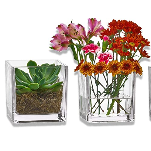 Whole Housewares Square Glass Vase Centerpiece Set Candle Holder Clear Cube Glass Vase 2.5OZ 10OZ