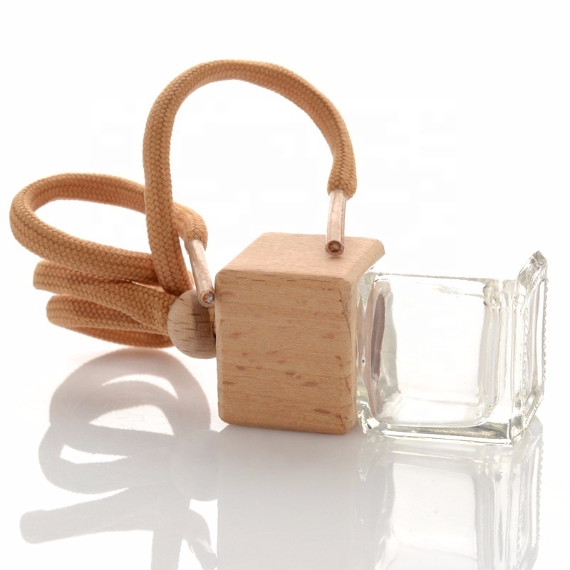 Wholesale Bulk Small Empty Square Wooden Cap 5ml Car Perfume Air Freshener Glass Bottle